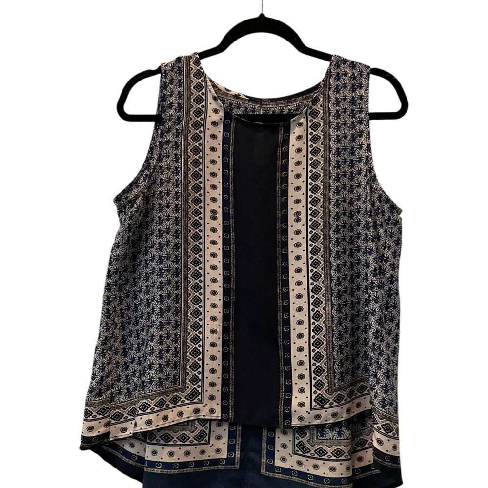 Navy and Cream Patterned Sleeveless Top